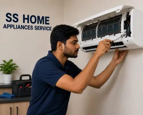 Technician performing split AC repair and service in Hubli
